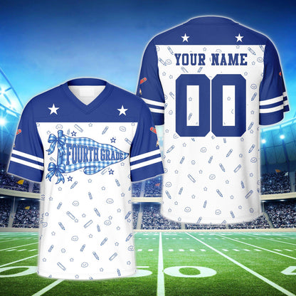 Front view of the personalized replica football jersey in blue with back to school theme and grade pennant
