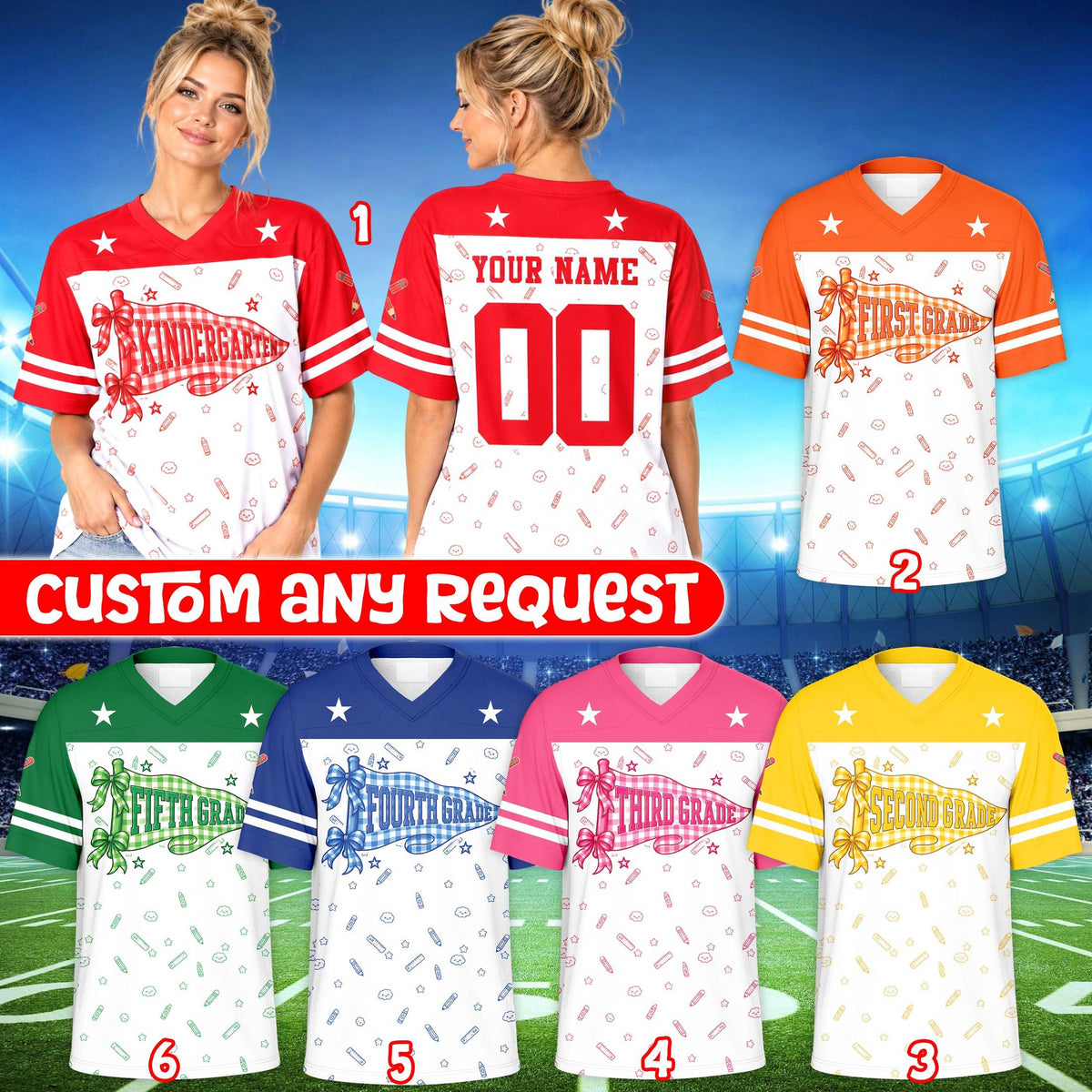 Back view of the multicolor personalized football jersey showing custom text