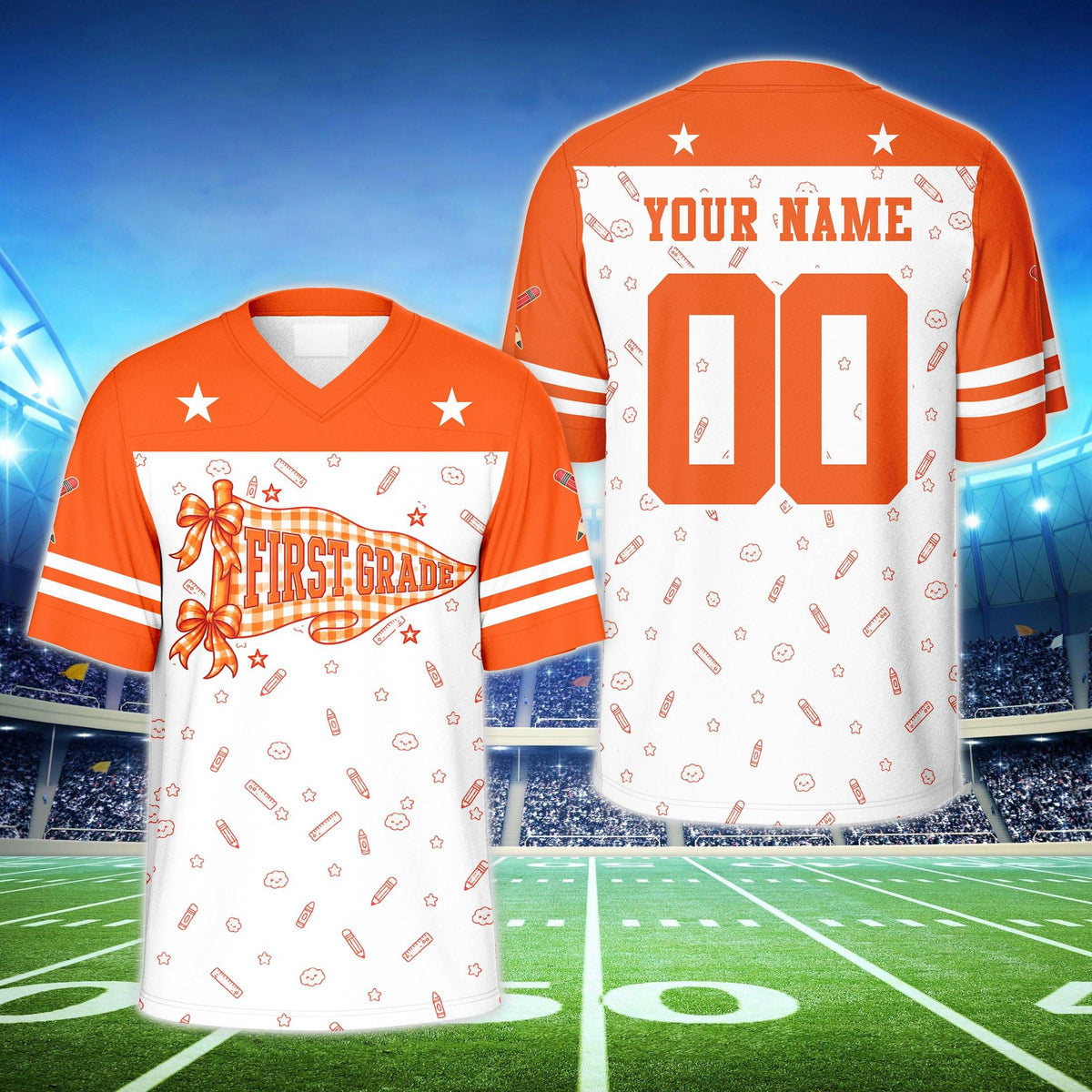 Back view of the personalized football jersey in orange with school supplies pattern