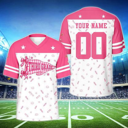 Back view of the personalized football jersey in pink featuring custom name and number