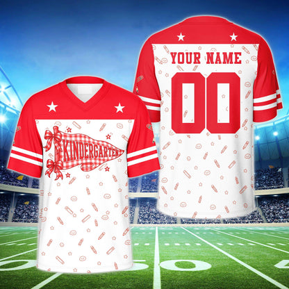 Back view of the red personalized football jersey with back to school design