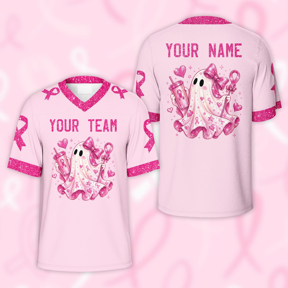 Personalized football jersey in black with pink ghost and ribbon design, front view