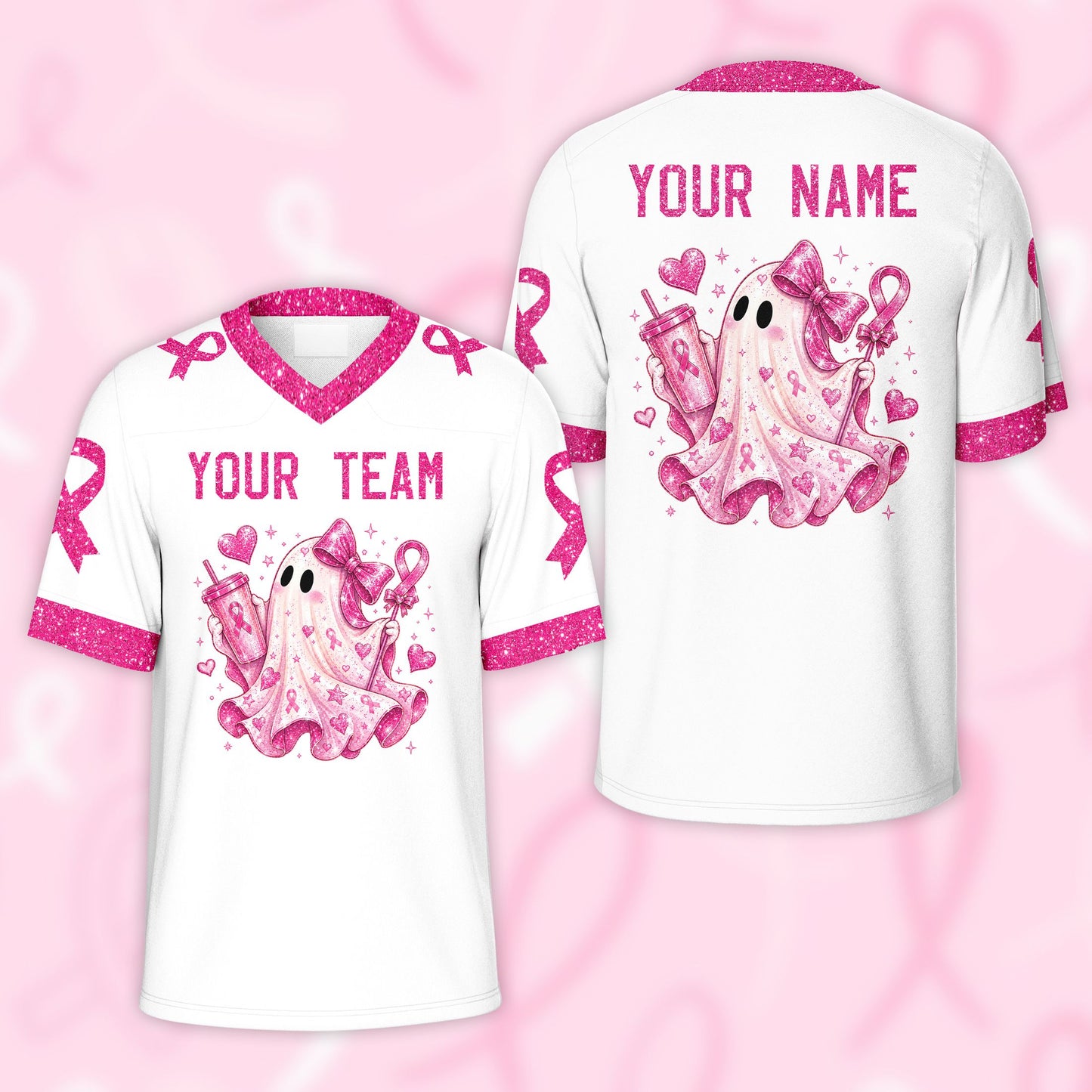 Pink football jersey personalized with ghost and ribbon graphic, front view