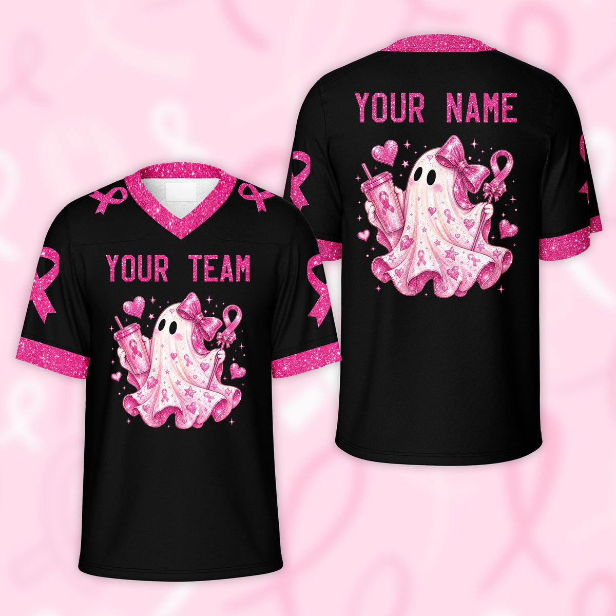 Personalized football jersey featuring a pink ghost and breast cancer awareness ribbon, white front view