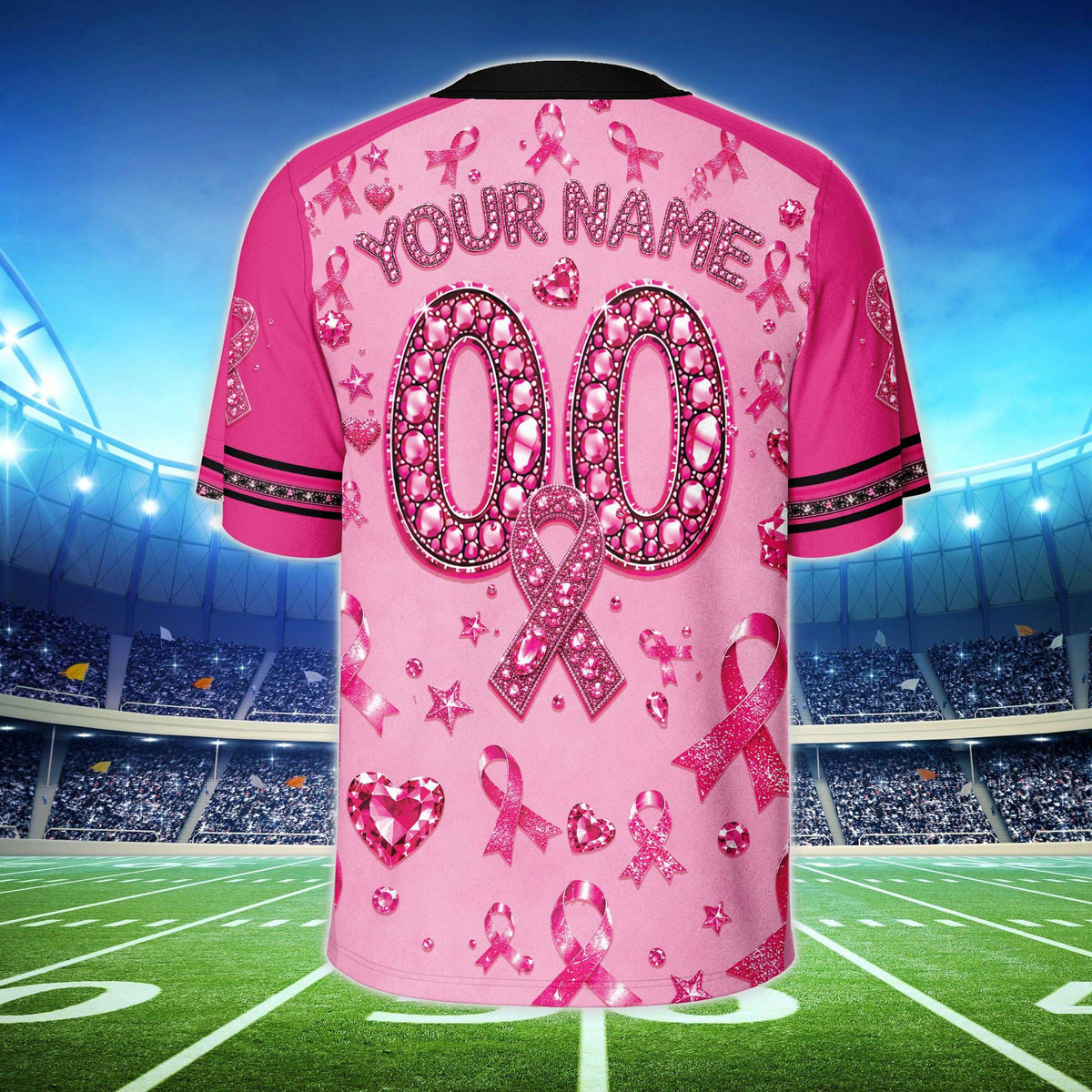 Back view of personalized breast cancer awareness football jersey showing custom name and number