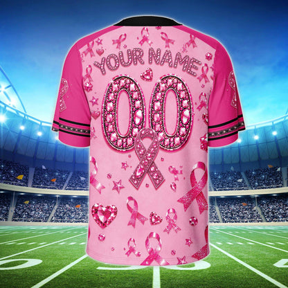 Back view of personalized breast cancer awareness football jersey showing custom name and number
