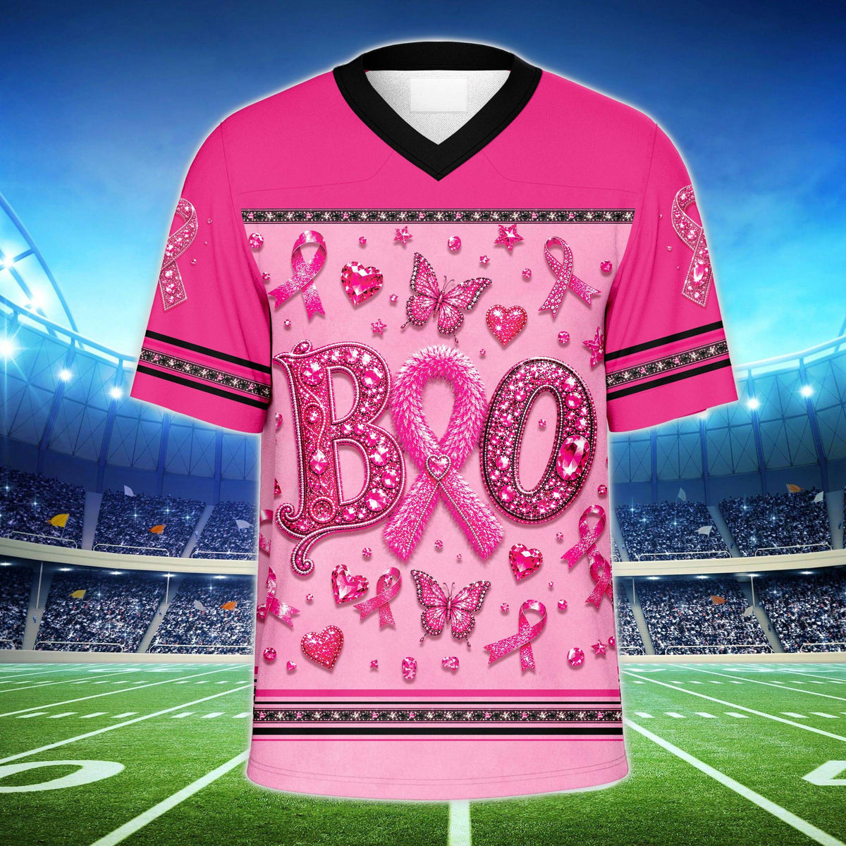Front view of custom name football jersey in pink breast cancer awareness design
