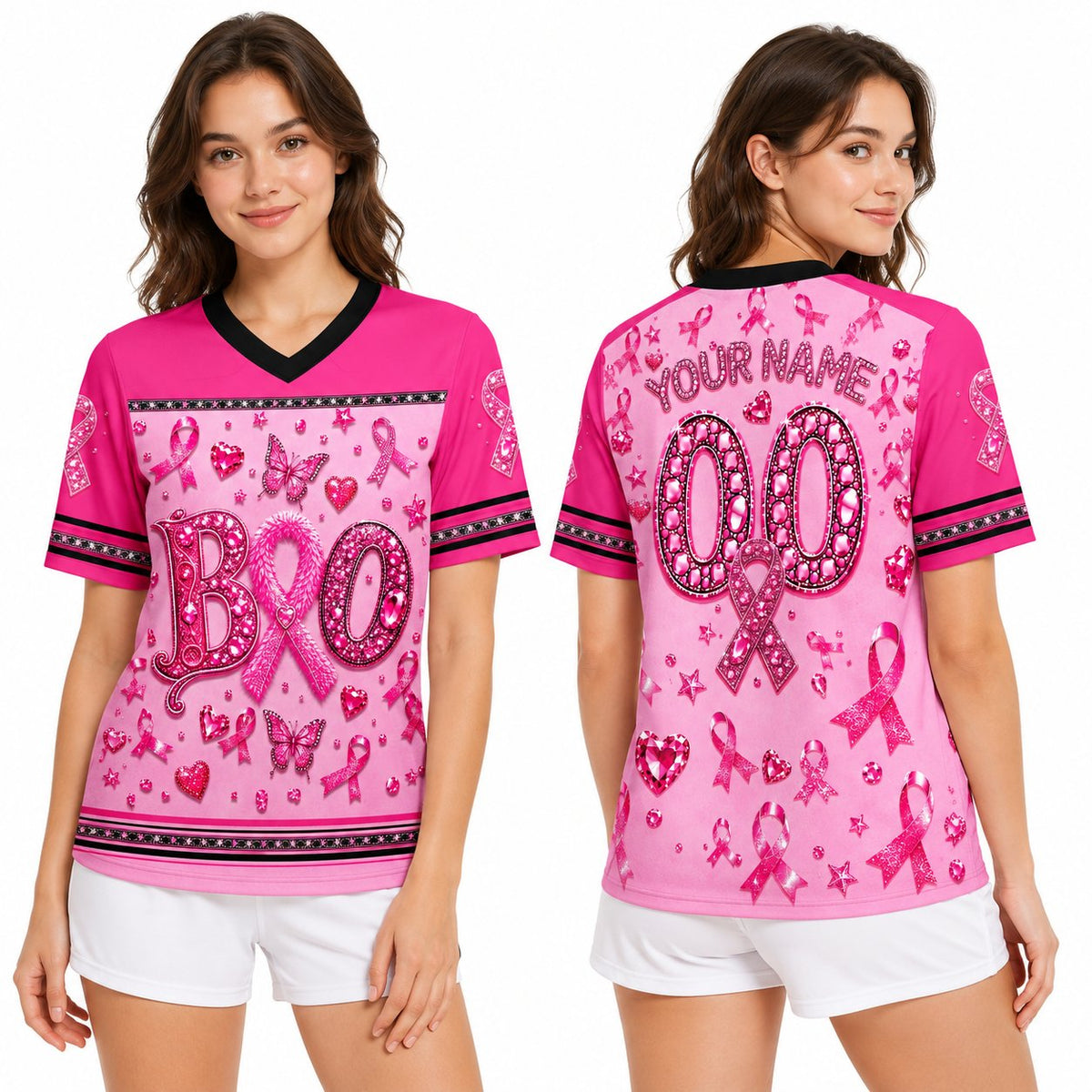 Lifestyle view of a person wearing a pink custom football jersey