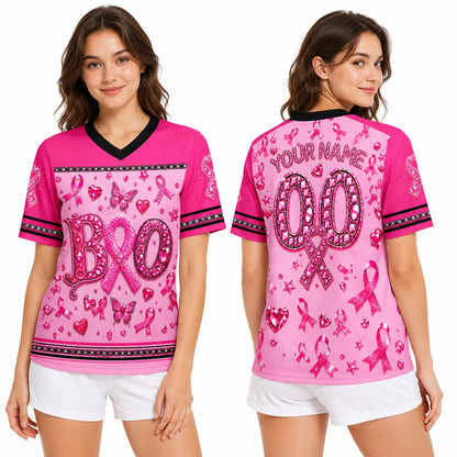 Lifestyle view of a person wearing a pink custom football jersey