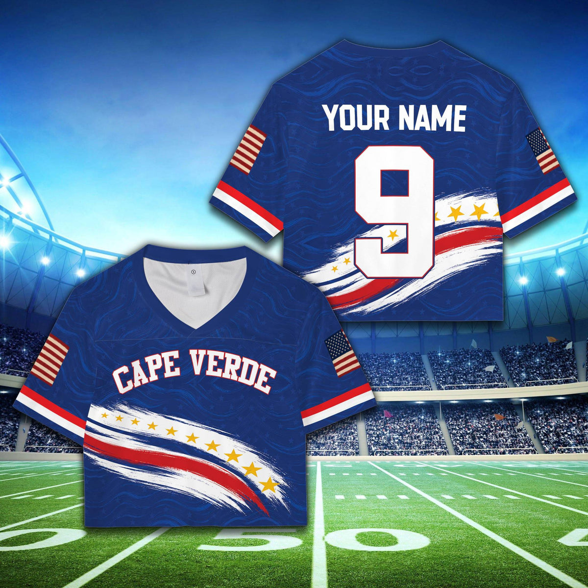 Main view of the personalized Cape Verde football jersey in blue featuring a custom name and number