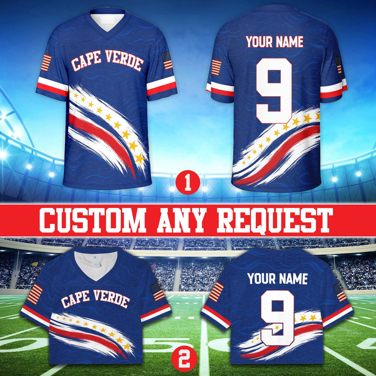 Alternate front view of the custom football jersey highlighting sleeve details