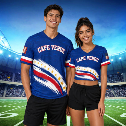 Lifestyle view of the personalized football jersey being worn