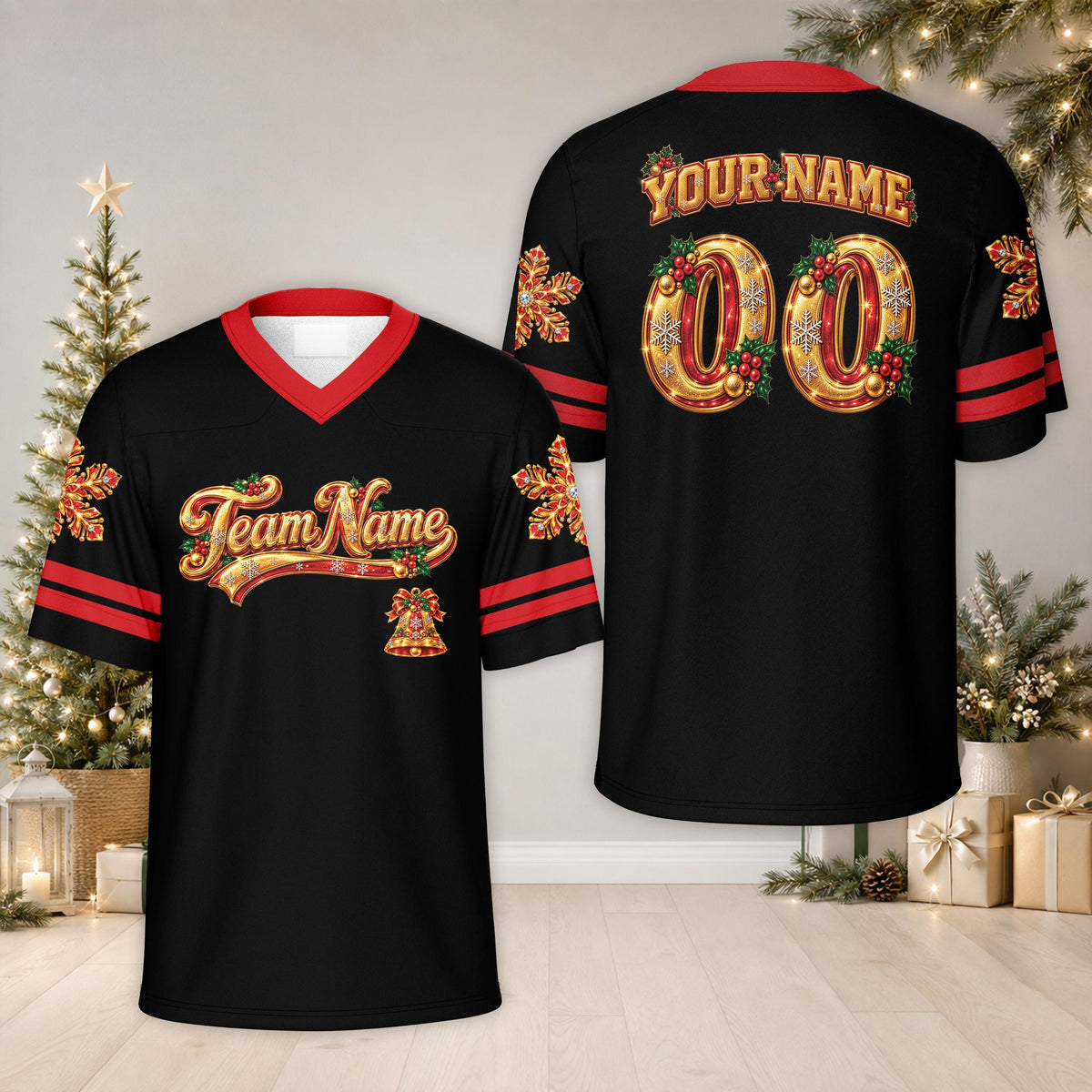 Main view of the personalized black christmas football jersey featuring custom name and number