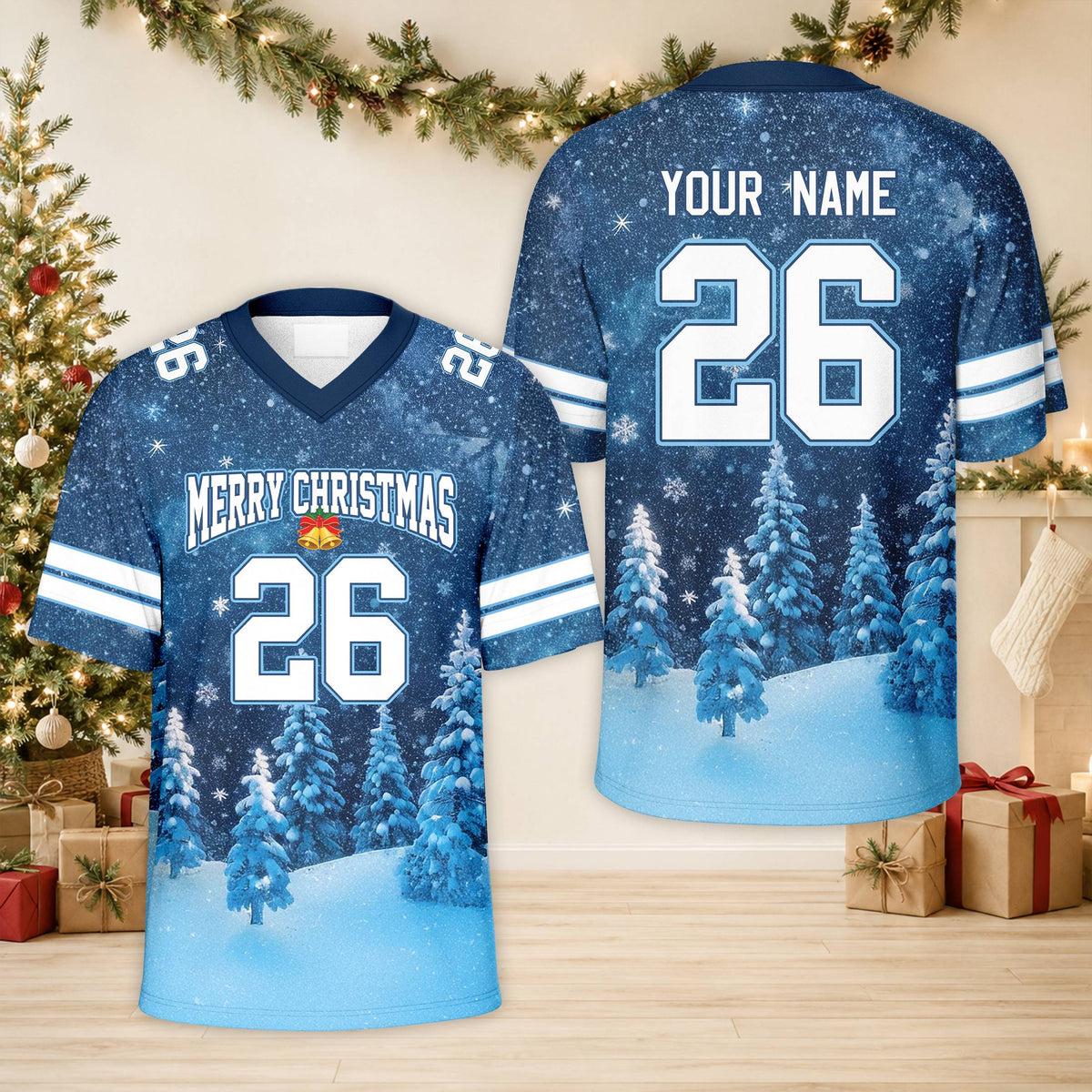 Front view of the blue christmas football jersey featuring a snowy pine tree design and custom number