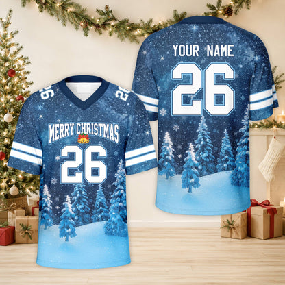 Front view of the blue christmas football jersey featuring a snowy pine tree design and custom number