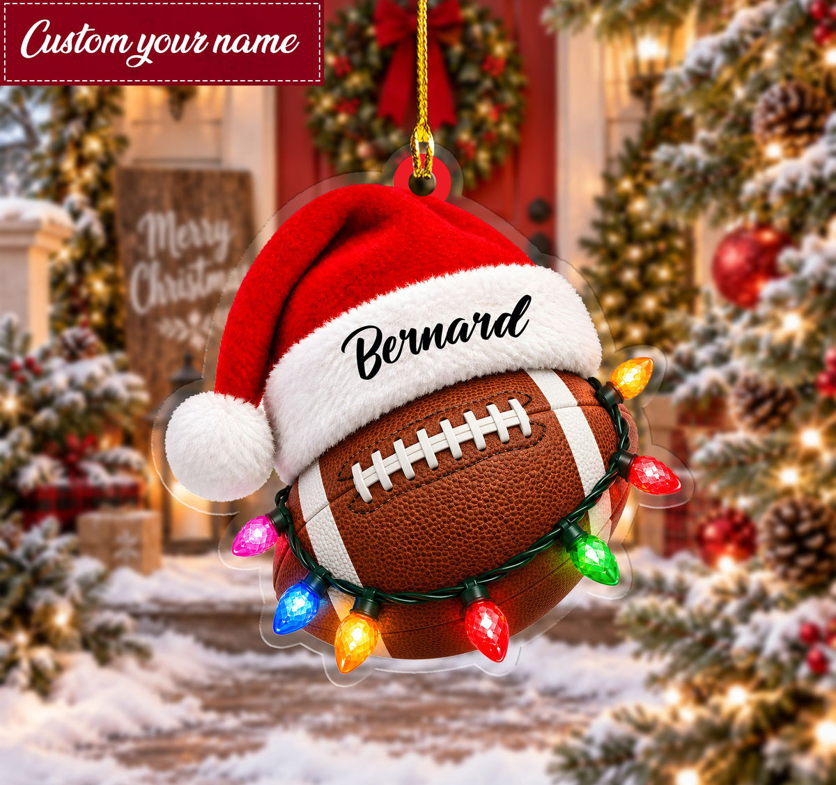 Front view of personalized brown football jersey featuring Christmas sports ball ornaments and custom name