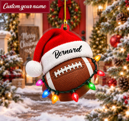 Front view of personalized brown football jersey featuring Christmas sports ball ornaments and custom name