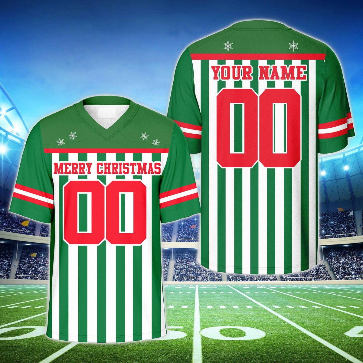 Green christmas football jersey with custom name and number, front view