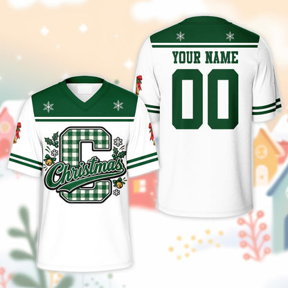Green plaid football jersey with holiday theme, front view