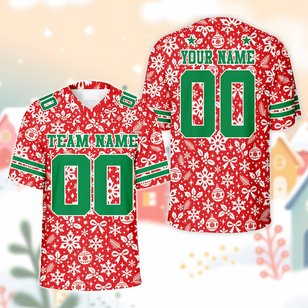 Green christmas football jersey with white snowflakes and custom team name and number, main view