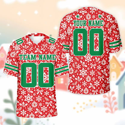 Green christmas football jersey with white snowflakes and custom team name and number, main view