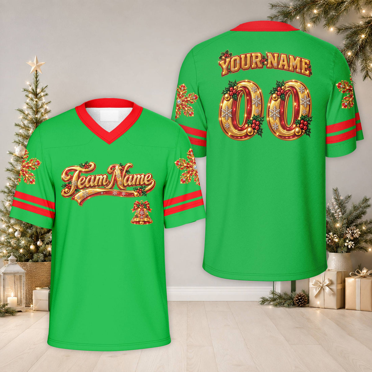Front view of the personalized green christmas football jersey with holiday details