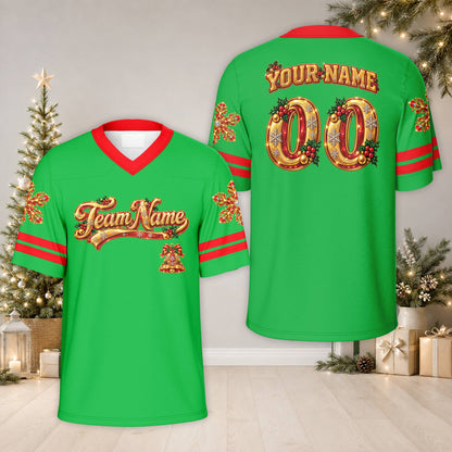 Front view of the personalized green christmas football jersey with holiday details