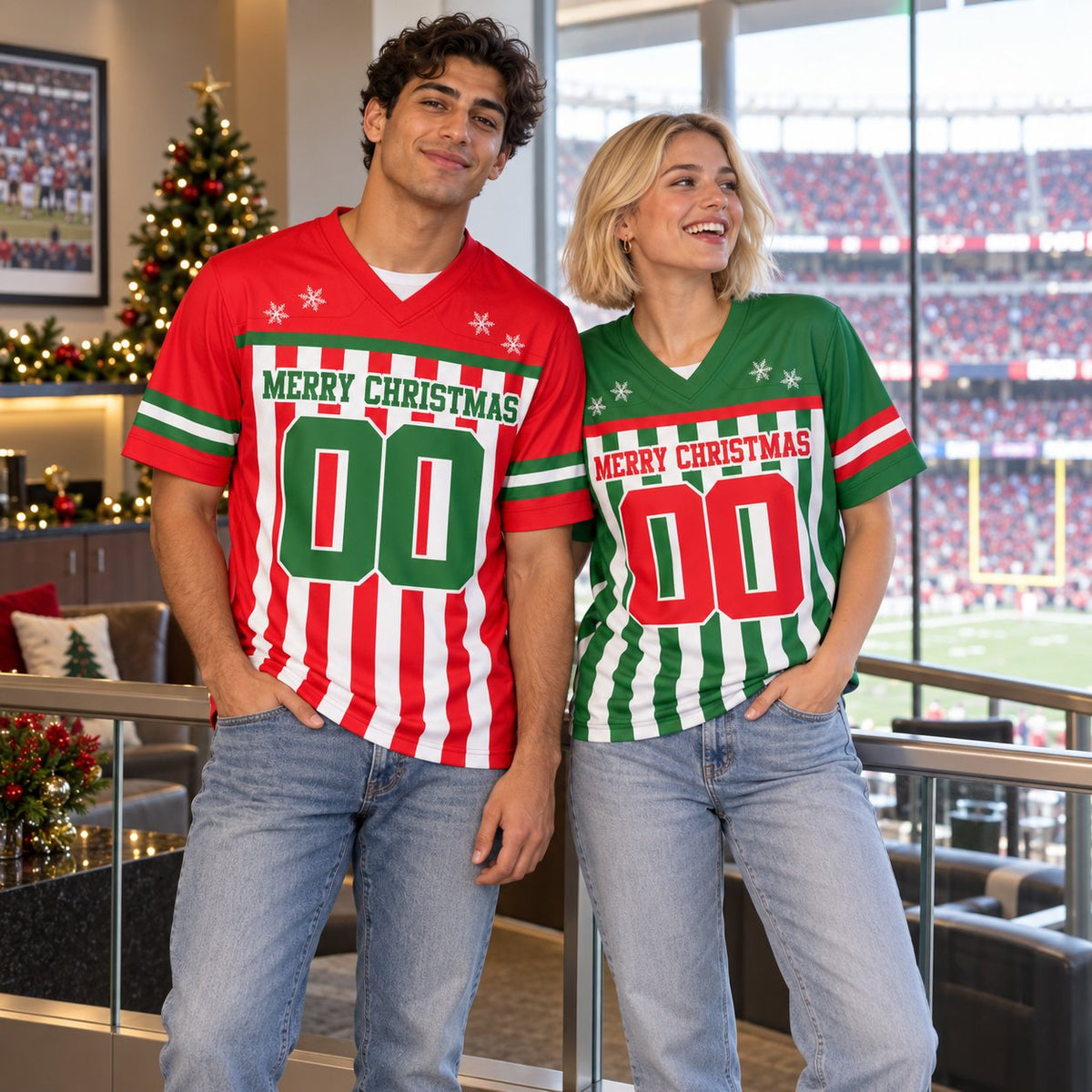Lifestyle shot of an adult wearing the green christmas football jersey