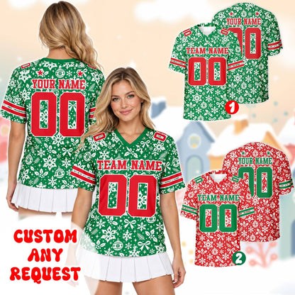 Lifestyle view of a person wearing the personalized christmas football jersey outdoors