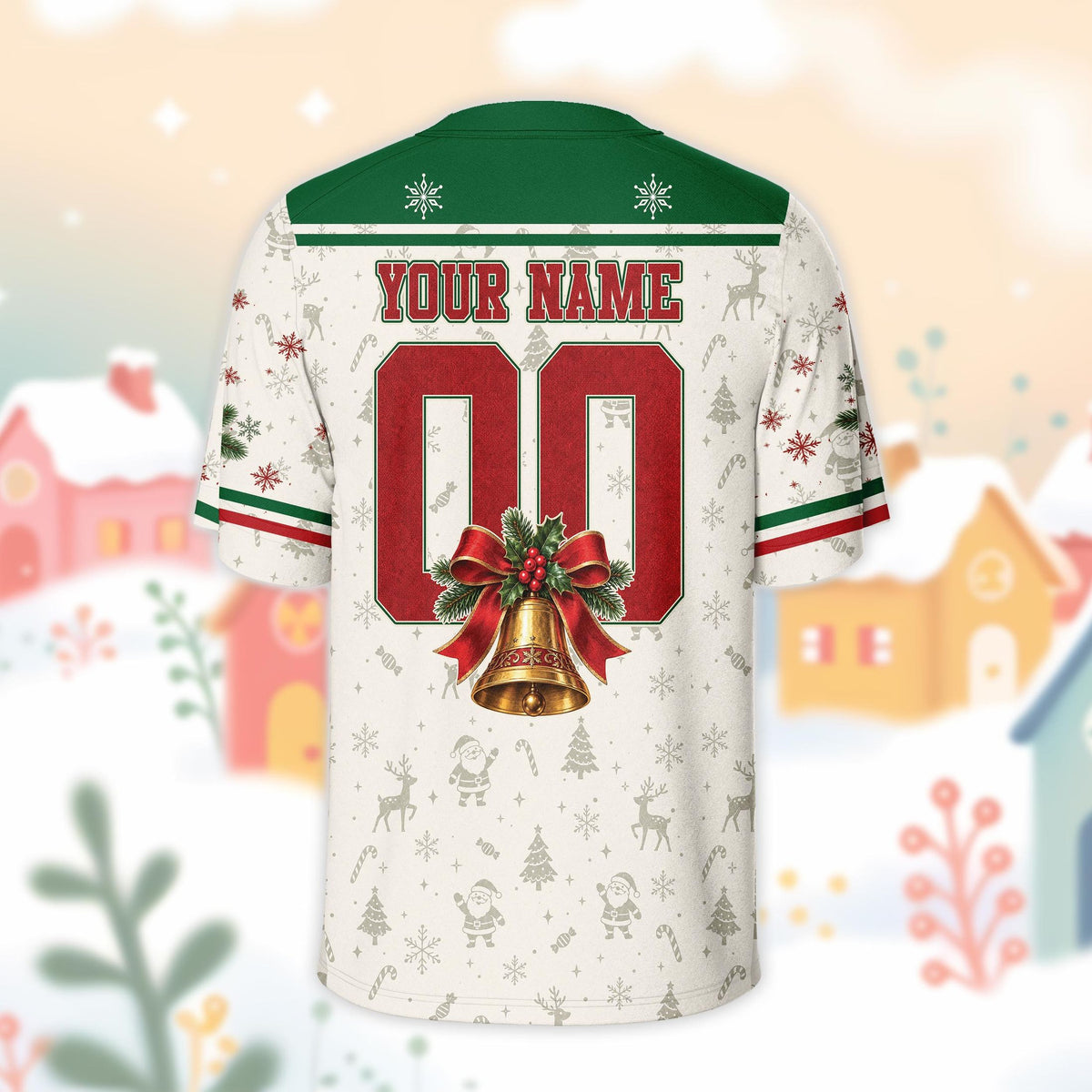 Back view of the personalized football jersey showing custom name and number with a golden Christmas bell