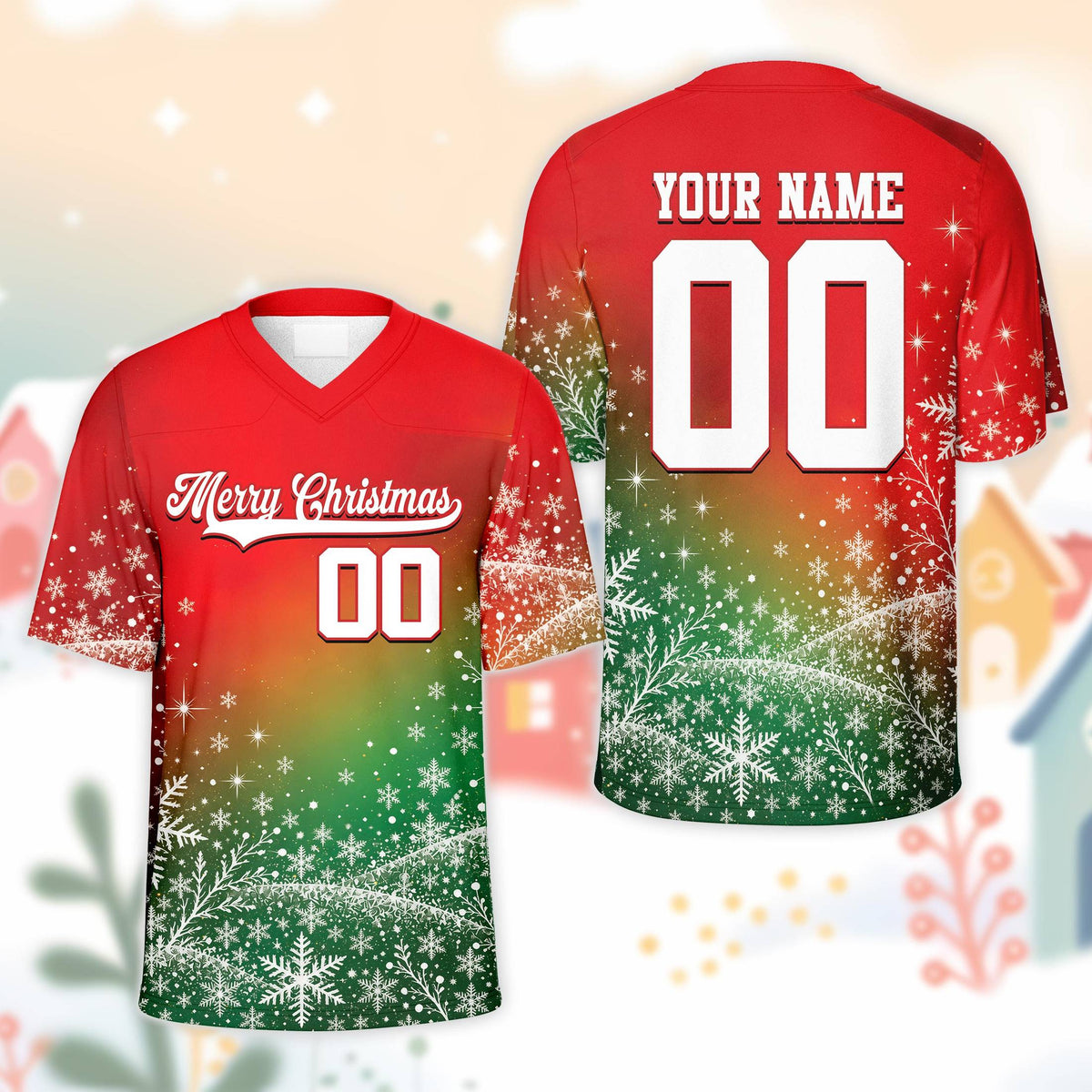 Front view of the personalized christmas football jersey showing the Merry Christmas script and snowflakes