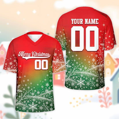 Front view of the personalized christmas football jersey showing the Merry Christmas script and snowflakes