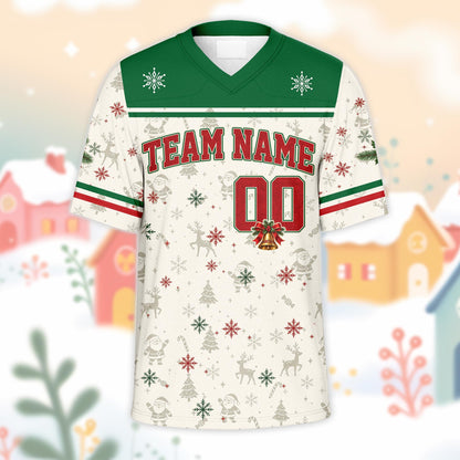 Personalized christmas football jersey in white, green, and red with custom name and number
