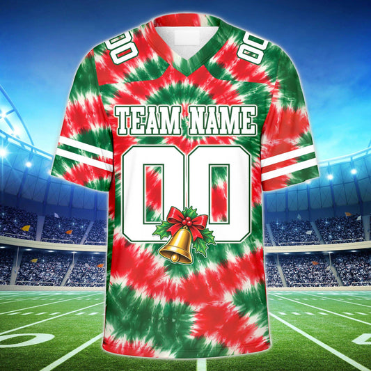 Front view of a custom football jersey with name featuring a red and green Christmas tie-dye design.