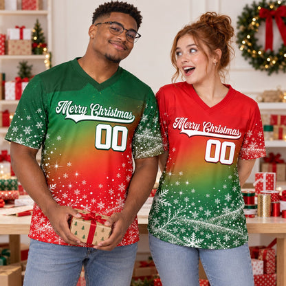 Lifestyle view of an adult wearing the red and green holiday football jersey