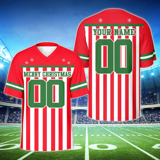 Red custom name jersey football featuring Merry Christmas text and snowflakes, front view