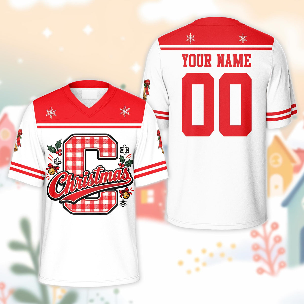 Red personalized christmas jersey football with plaid C design, front view