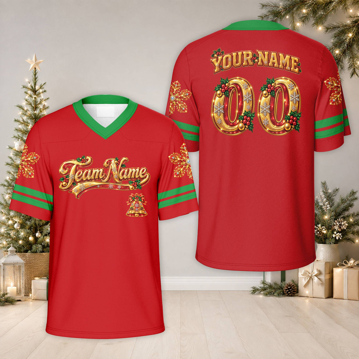 Front view of the personalized red christmas football jersey with festive accents