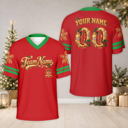 Front view of the personalized red christmas football jersey with festive accents