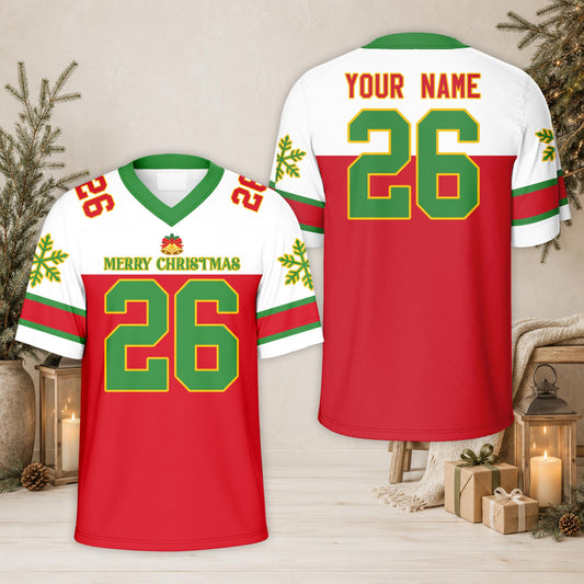 Red personalized football jersey with custom name and number featuring Christmas graphics, front view