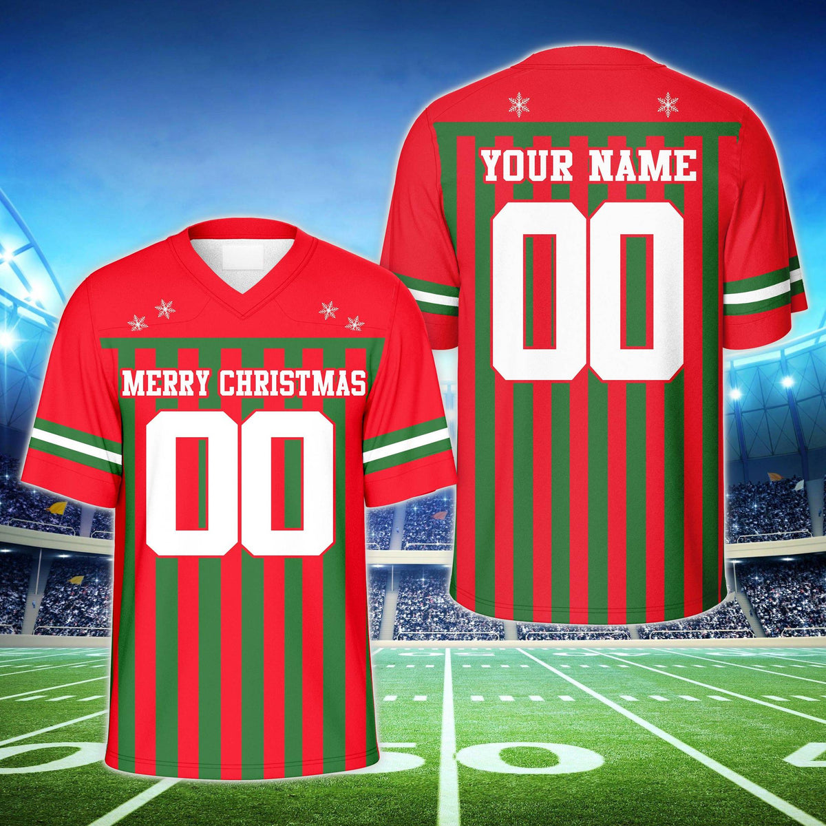 Second front view of the red holiday stripes football jersey