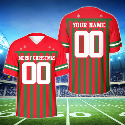 Second front view of the red holiday stripes football jersey
