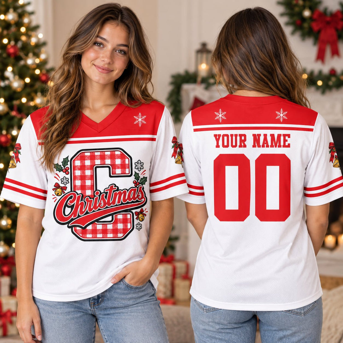 Adult wearing personalized white christmas football jersey, lifestyle view