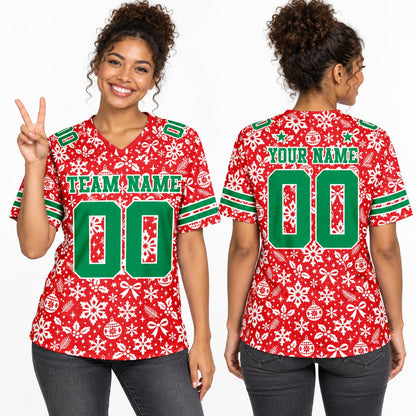 Alternate lifestyle view highlighting the festive snowflake and ornament design on the football jersey