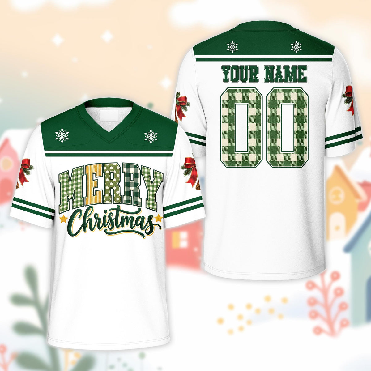 Front view of the custom football jersey featuring Merry Christmas typography in red and green