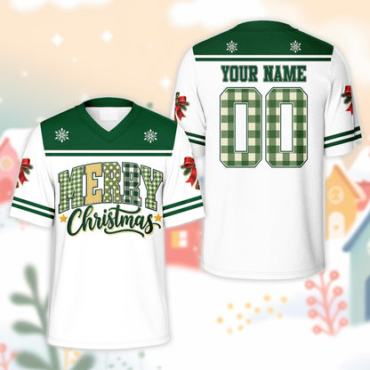 Front view of the custom football jersey featuring Merry Christmas typography in red and green