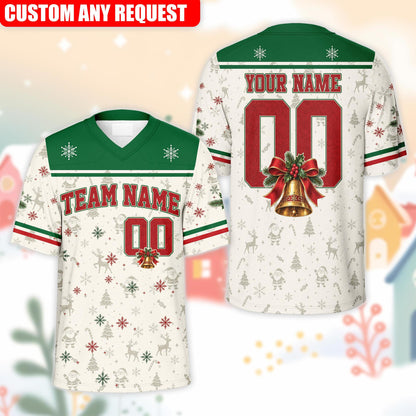 Front view of the white festive holiday custom football jersey with Santa and reindeer pattern