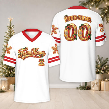 Front view of the personalized white christmas football jersey with snowflake patterns