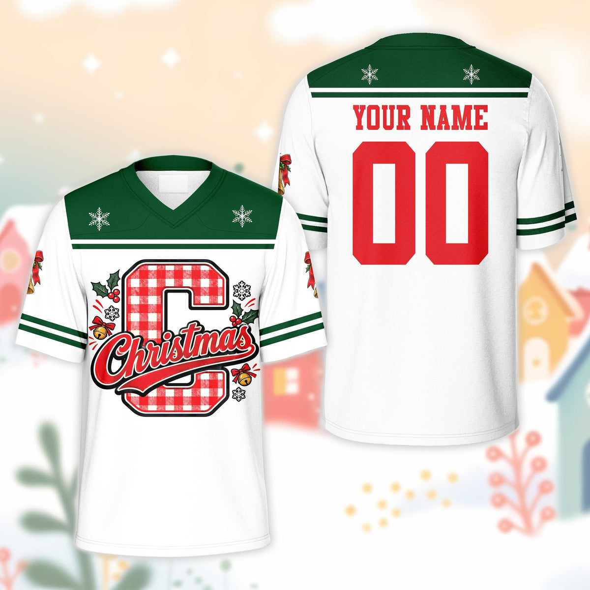 White custom name football jersey with christmas design, front view