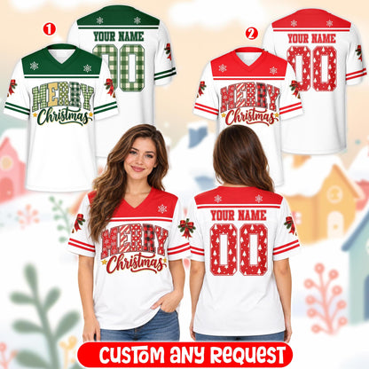Lifestyle image of an adult wearing the personalized football jersey during a holiday celebration